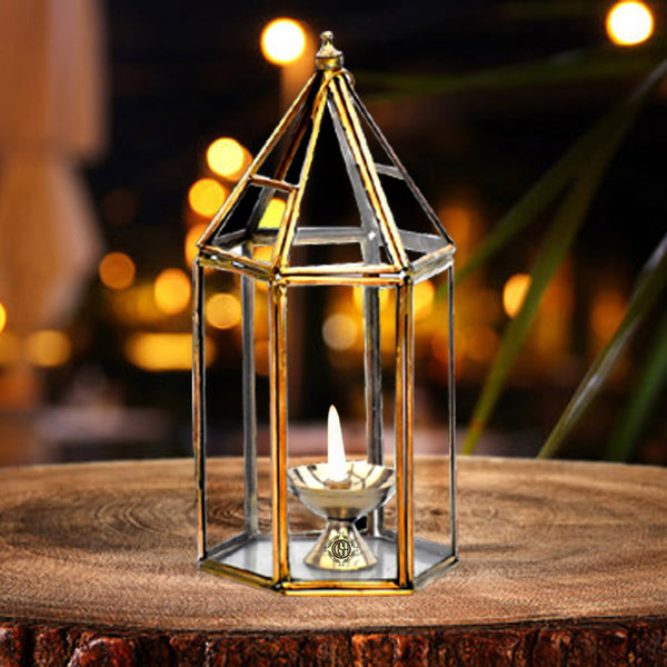 DSH Brass Diya With Glass Cover.