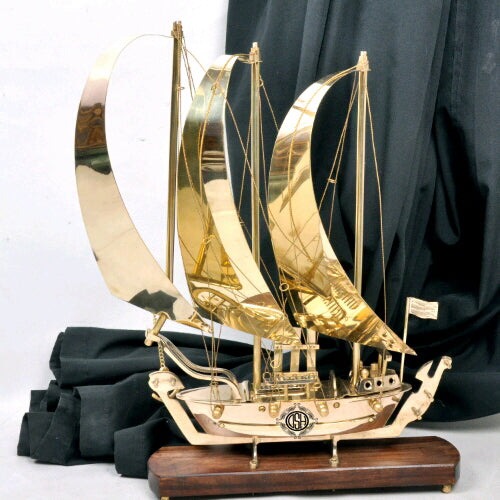 DSH Brass Ship With Wooden Base.