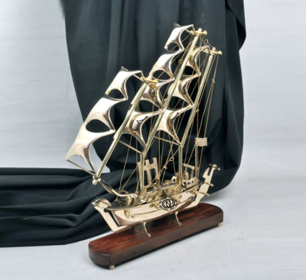 DSH Brass Ship With Wooden Base.